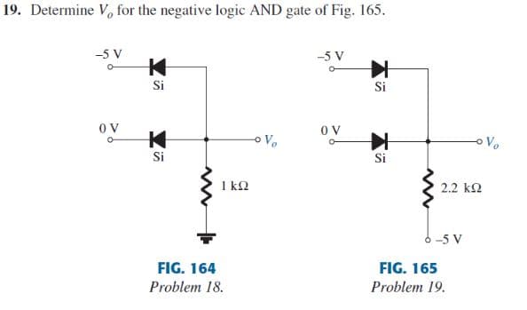 19. Determine V, for the negative logic AND gate of Fig. 165.
-5 V
-5 V
Si
Si
OV
OV
Vo
Si
Si
I kQ
2.2 k2
6 -5 V
FIG. 164
FIG. 165
Problem 18.
Problem 19.
