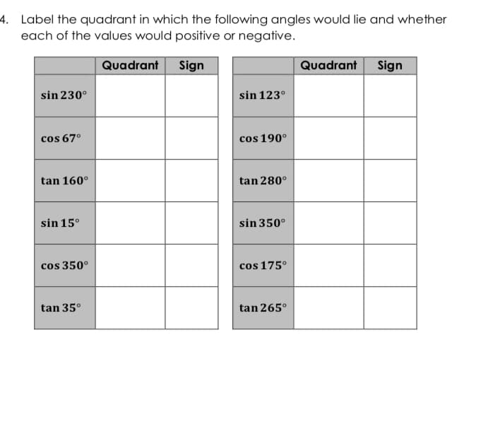 ### Trigonometric Angles: Quadrants and Signs

The table below asks you to determine the quadrant in which each given angle lies and whether the trigonometric value (sine, cosine, or tangent) is positive or negative within that quadrant. 

#### Table:

| Angle    | Quadrant | Sign  |
|----------|----------|-------|
| sin 230° |          |       |
| cos 67°  |          |       |
| tan 160° |          |       |
| sin 15°  |          |       |
| cos 350° |          |       |
| tan 35°  |          |       |
| sin 123° |          |       |
| cos 190° |          |       |
| tan 280° |          |       |
| sin 350° |          |       |
| cos 175° |          |       |
| tan 265° |          |       |

Each trigonometric function (sine, cosine, tangent) can have either a positive or negative value depending on the quadrant in which the angle is located:

- **Quadrant I**: 0° < angle < 90°
  - Sine: Positive
  - Cosine: Positive
  - Tangent: Positive

- **Quadrant II**: 90° < angle < 180°
  - Sine: Positive
  - Cosine: Negative
  - Tangent: Negative

- **Quadrant III**: 180° < angle < 270°
  - Sine: Negative
  - Cosine: Negative
  - Tangent: Positive

- **Quadrant IV**: 270° < angle < 360°
  - Sine: Negative
  - Cosine: Positive
  - Tangent: Negative

Using this information, you can determine both the quadrant and the sign for each angle given in the table.