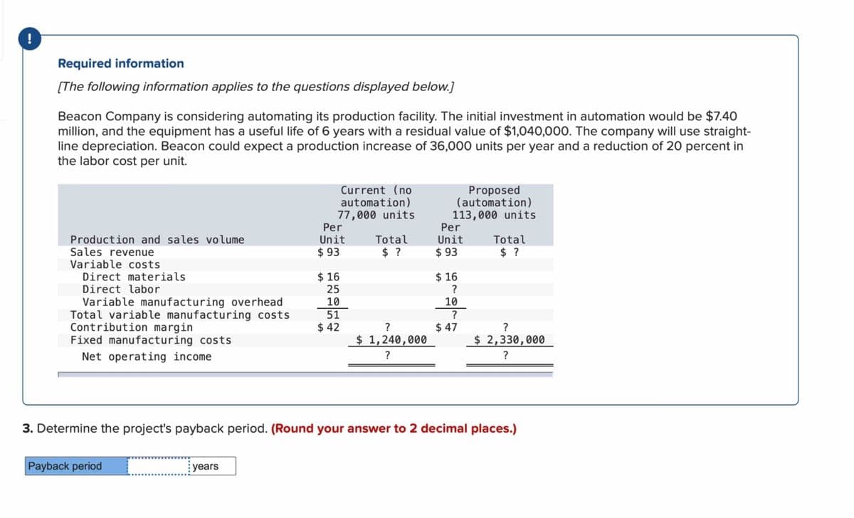 Required information
[The following information applies to the questions displayed below.]
Beacon Company is considering automating its production facility. The initial investment in automation would be $7.40
million, and the equipment has a useful life of 6 years with a residual value of $1,040,000. The company will use straight-
line depreciation. Beacon could expect a production increase of 36,000 units per year and a reduction of 20 percent in
the labor cost per unit.
Current (no
automation)
77,000 units
Proposed
(automation)
113,000 units
Per
Per
Production and sales volume
Unit
Total
Unit
Total
Sales revenue
$ 93
$ ?
$ 93
$ ?
Variable costs.
Direct materials
$ 16
$ 16
Direct labor
25
?
Variable manufacturing overhead
10
Total variable manufacturing costs
51
10
?
Contribution margin
$ 42
?
$ 47
?
Fixed manufacturing costs
$ 1,240,000
$ 2,330,000
Net operating income
?
?
3. Determine the project's payback period. (Round your answer to 2 decimal places.)
Payback period
years