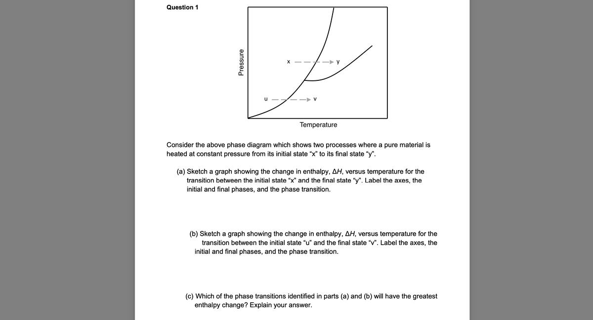 Question 1
u
V
Temperature
Consider the above phase diagram which shows two processes where a pure material is
heated at constant pressure from its initial state "x" to its final state "y".
(a) Sketch a graph showing the change in enthalpy, AH, versus temperature for the
transition between the initial state “x” and the final state "y". Label the axes, the
initial and final phases, and the phase transition.
(b) Sketch a graph showing the change in enthalpy, AH, versus temperature for the
transition between the initial state “u” and the final state “v”. Label the axes, the
initial and final phases, and the phase transition.
(c) Which of the phase transitions identified in parts (a) and (b) will have the greatest
enthalpy change? Explain your answer.
Pressure
X