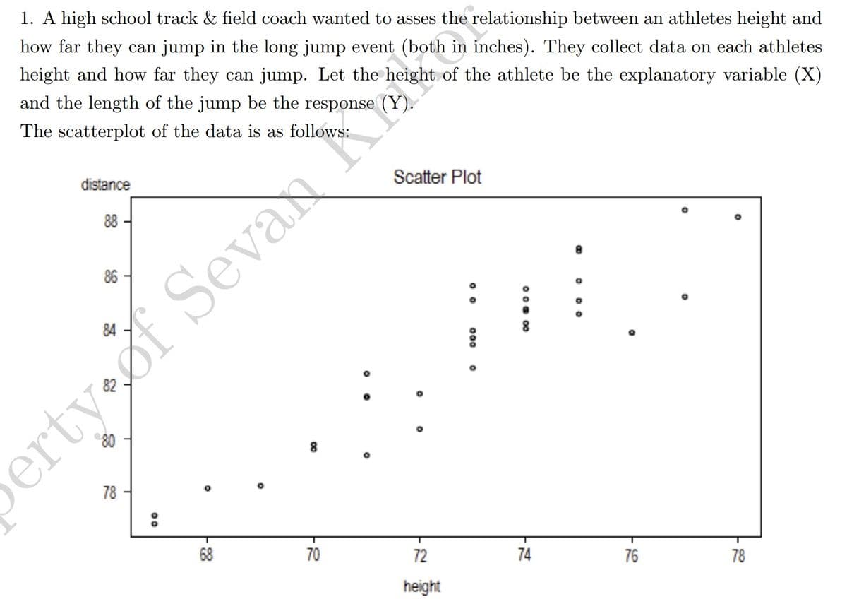 1. A high school track & field coach wanted to asses the relationship between an athletes height and
how far they can jump in the long jump event (both in inches). They collect data on each athletes
height and how far they can jump. Let the height of the athlete be the explanatory variable (X)
and the length of the jump be the response (Y).
The scatterplot of the data is as follows:
distance
Scatter Plot
88 -
86
84
80
ertyof Sevan K
8
78
68
70
72
74
76
78
height
00a 00
0 o 000
00
