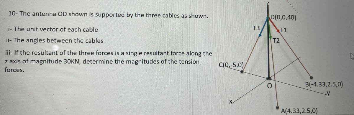 10- The antenna OD shown is supported by the three cables as shown.
D(0,0,40)
i- The unit vector of each cable
T3
T1
ii- The angles between the cables
T2
iii- If the resultant of the three forces is a single resultant force along the
z axis of magnitude 30KN, determine the magnitudes of the tension
forces.
C(0,-5,0)
B(-4.33,2.5,0)
X-
A(4.33,2.5,0)
