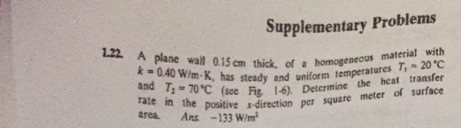 1.22 A plane wall 0.15 cm thick, of a homogeneous material with
k= 0.40 W/m-K, has steady and uniform temperatures T, 20 °C
and T = 70°C (sce Fig 1-6). Determine the heat transfer
Supplementary Problems
area.
Ans -133 W/m
