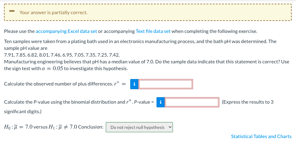 Your answer is partially correct.
Please use the accompanying Excel data set or accompanying Text file data set when completing the following exercise.
Ten samples were taken from a plating bath used in an electronics manufacturing process, and the bath pH was determined. The
sample pH value are
7.91, 7.85, 6.82, 8.01, 7.46, 6.95, 7.05, 7.35, 7.25, 7.42.
Manufacturing engineering believes that pH has a median value of 7.0. Do the sample data indicate that this statement is correct? Use
the sign test with a = 0.05 to investigate this hypothesis.
Calculate the observed number of plus differences. r*
i
Calculate the P-value using the binomial distribution and r*.P-value = i
(Express the results to 3
significant digits.)
Ho : = 7.0 versus H1 : i + 7.0Conclusion: Do not reject null hypothesis
Statistical Tables and Charts
