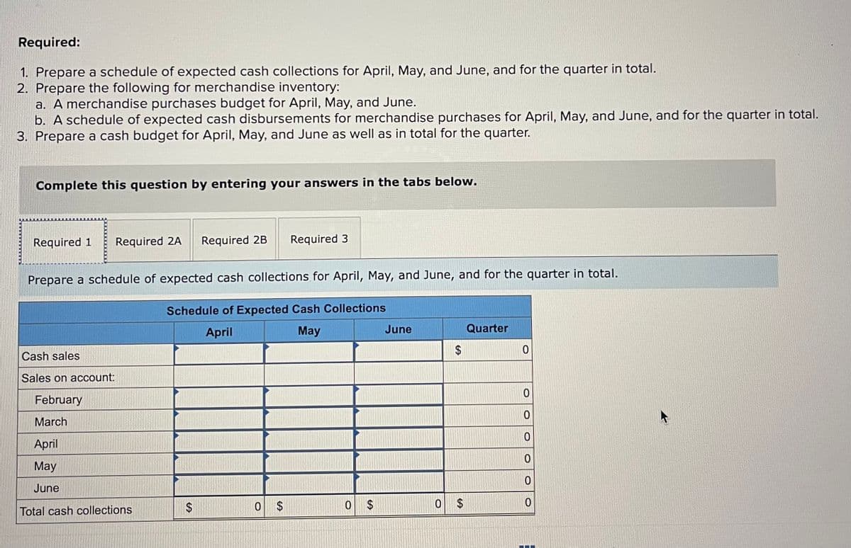 Required:
1. Prepare a schedule of expected cash collections for April, May, and June, and for the quarter in total.
2. Prepare the following for merchandise inventory:
a. A merchandise purchases budget for April, May, and June.
b. A schedule of expected cash disbursements for merchandise purchases for April, May, and June, and for the quarter in total.
3. Prepare a cash budget for April, May, and June as well as in total for the quarter.
Complete this question by entering your answers in the tabs below.
Required 1 Required 2A Required 2B Required 3
Prepare a schedule of expected cash collections for April, May, and June, and for the quarter in total.
Schedule of Expected Cash Collections
April
May
Cash sales
Sales on account:
February
March
April
May
June
Total cash collections
$
0
$
0 $
June
0 $
Quarter
0
0
0
0
0