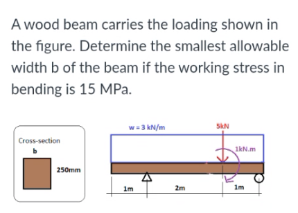 A wood beam carries the loading shown in
the figure. Determine the smallest allowable
width b of the beam if the working stress in
bending is 15 MPa.
w = 3 kN/m
5kN
Cross-section
b
250mm
1m
2m
1kN.m
1m