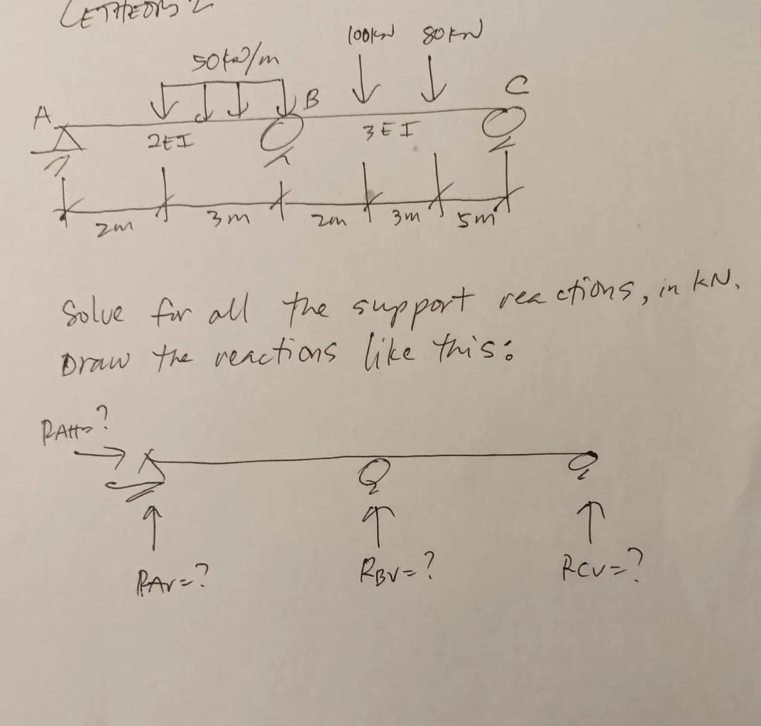 CETteのらレ
sota/m
2モエ
3EI
3m
Solue for all the support rea etions, in kN,
Draw the reactions like this :
PAtt-
ReV=?
Rev=?
