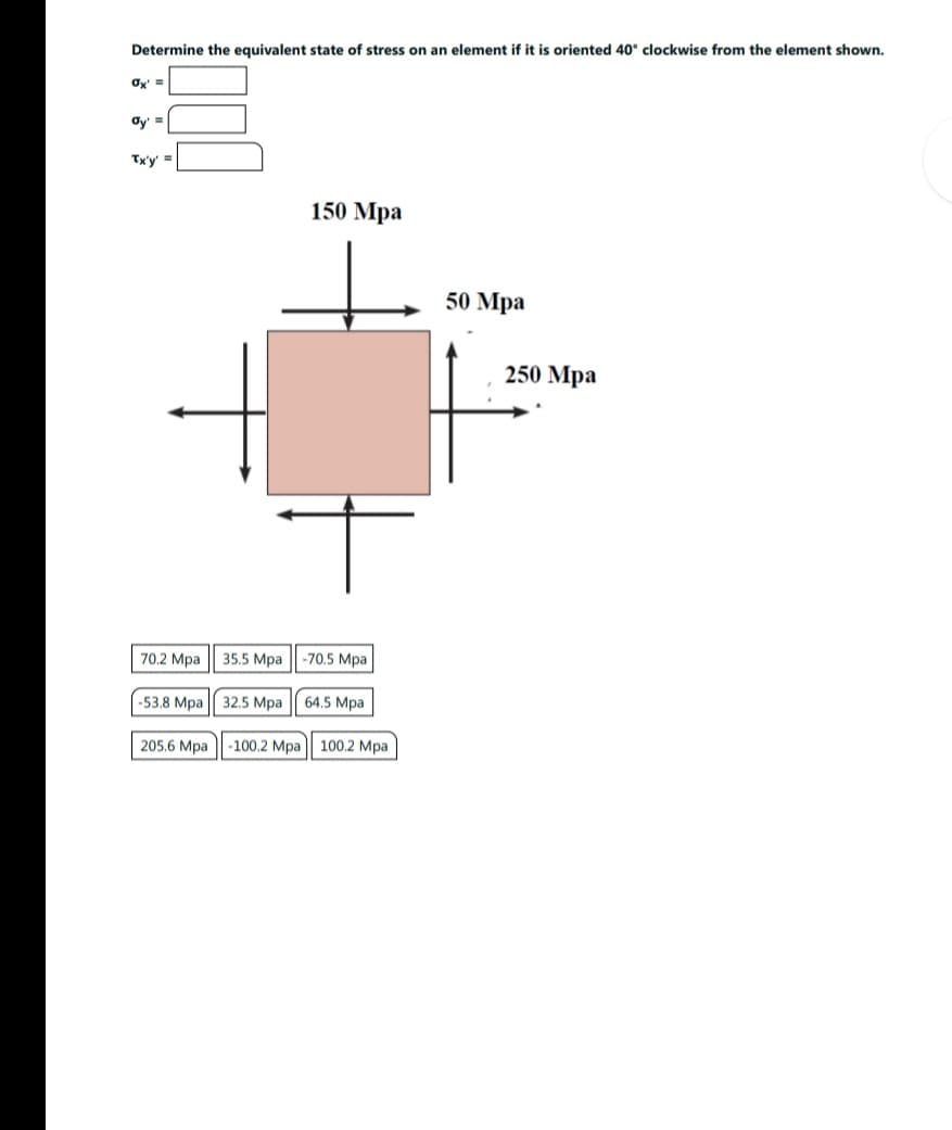 Determine the equivalent state of stress on an element if it is oriented 40° clockwise from the element shown.
Ox' =
ay' =
Tx'y' =
70.2 Mpa
-53.8 Mpa
205.6 Mpa
+
35.5 Mpa
150 Mpa
32.5 Mpa
-70.5 Mpa
64.5 Mpa
-100.2 Mpa 100.2 Mpa
50 Mpa
250 Mpa