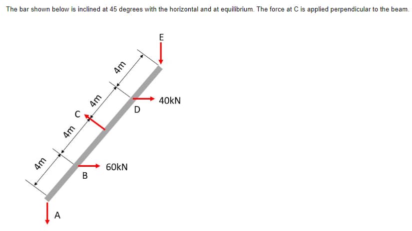 The bar shown below is inclined at 45 degrees with the horizontal and at equilibrium. The force at C is applied perpendicular to the beam.
4m
A
C
4m
B
4m
4m
60kN
D
E
40KN