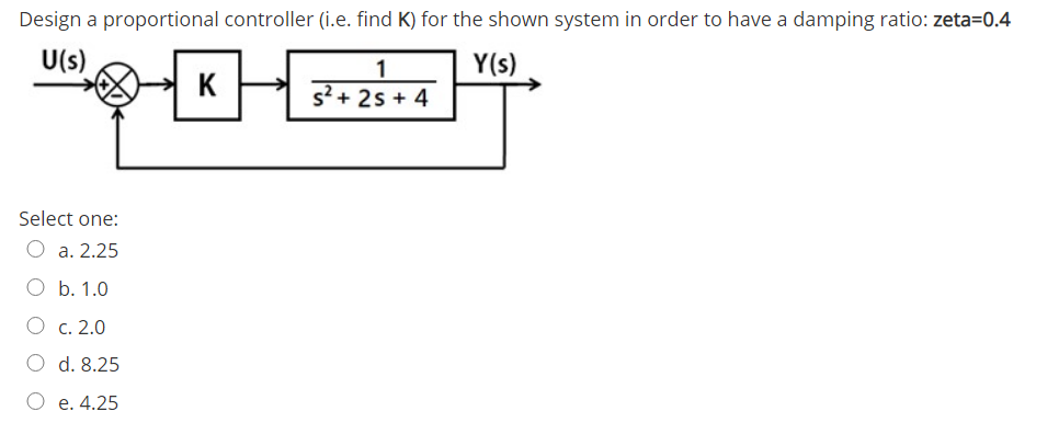 Design a proportional controller (i.e. find K) for the shown system in order to have a damping ratio: zeta=0.4
U(s)
1
Y(s)
K
s?+ 2s + 4
Select one:
O a. 2.25
O b. 1.0
О с. 2.0
O d. 8.25
e. 4.25
