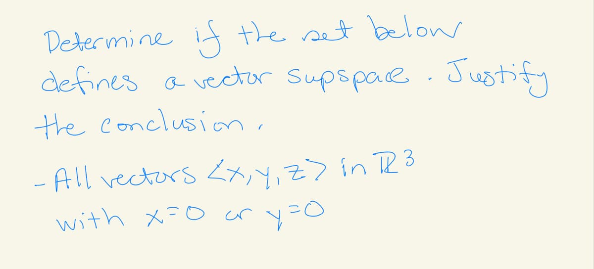 Determine if the set below
defines a vector Supspae. Jugtify
the conclusion
- All vectors <x, in R3
with メ=0ury0
