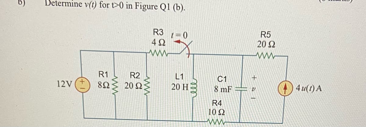 Betermine v(t) for t>0 in Figure Q1 (b).
R3 t=0
R5
20 Ω
R1
R2
L1
C1
12V
8Ω
20 Ω
20 H
8 mF
4 u(1) A
R4
10 Q
