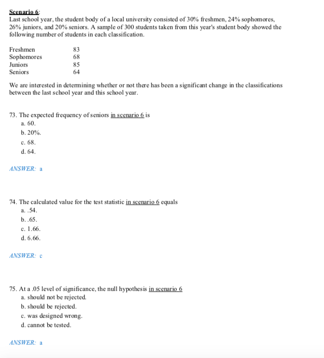 Scenario 6:
Last school year, the student body of a local university consisted of 30% freshmen, 24% sophomores,
26% juniors, and 20% seniors. A sample of 300 students taken from this year's student body showed the
following number of students in each classification.
Freshmen
83
Sophomores
Juniors
68
85
64
Seniors
We are interested in determining whether or not there has been a significant change in the classifications
between the last school year and this school year.
73. The expected frequency of seniors in scenario 6 is
a. 60.
b. 20%,
c. 68,
d. 64.
ANSWER: a
74. The calculated value for the test statistic in scenario 6 equals
a. .54.
b..65.
c. 1.66,
d. 6.66.
ANSWER: e
75. At a .05 level of significance, the null hypothesis in scenario 6
a. should not be rejected.
b. should be rejected.
c. was designed wrong.
d. cannot be tested.
ANSWER: a
