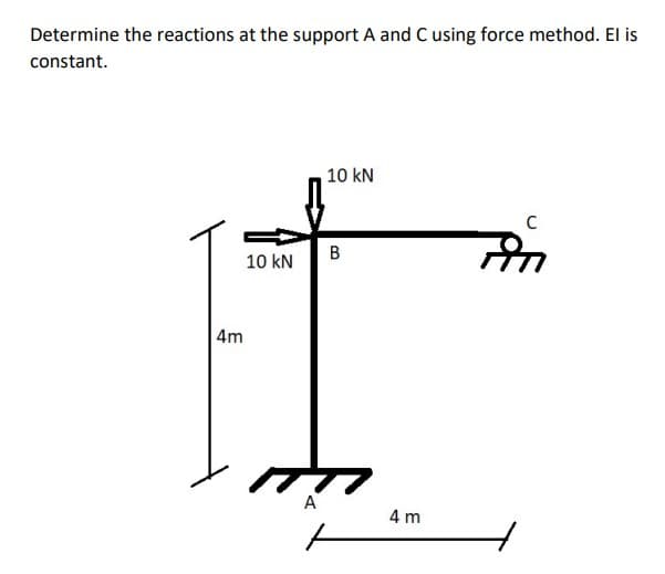 Determine the reactions at the support A and C using force method. El is
constant.
4m
10 kN
A
10 kN
B
4 m
C
An