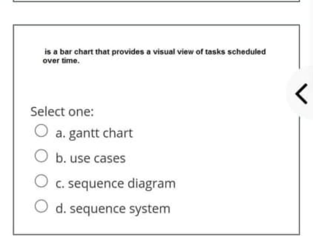 is a bar chart that provides a visual view of tasks scheduled
over time.
Select one:
a. gantt chart
b. use cases
C. sequence diagram
d. sequence system
