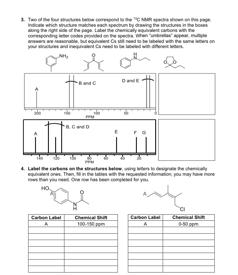 3. Two of the four structures below correspond to the 1³C NMR spectra shown on this page.
Indicate which structure matches each spectrum by drawing the structures in the boxes
along the right side of the page. Label the chemically equivalent carbons with the
corresponding letter codes provided on the spectra. When "umbrellas" appear, multiple
answers are reasonable, but equivalent Cs still need to be labeled with the same letters on
your structures and inequivalent Cs need to be labeled with different letters.
NH₂
&
200
A
140
150
120 100
Carbon Label
A
B and C
B, C and D
N
H
100
PPM
80
PPM
60
E
Chemical Shift
100-150 ppm
D and E
50
40
4. Label the carbons on the structures below, using letters to designate the chemically
equivalent ones. Then, fill in the tables with the requested information; you may have more
rows than you need. One row has been completed for you.
HO
F G
20
Carbon Label
A
CI
Chemical Shift
0-50 ppm