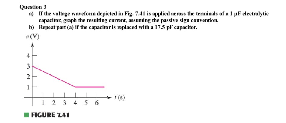 Question 3
a) If the voltage waveform depicted in Fig. 7.41 is applied across the terminals of a 1 µF electrolytic
capacitor, graph the resulting current, assuming the passive sign convention.
b) Repeat part (a) if the capacitor is replaced with a 17.5 pF capacitor.
v (V)
4
3
2
1
L
1 2 3 4 5 6
FIGURE 7.41
→ t (s)