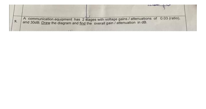 A communication equipment has 2 stages with voltage gains / attenuations of 0.03 (ratio),
9.
and 30dB. Draw the diagram and find the overall gain / attenuation in dB.
