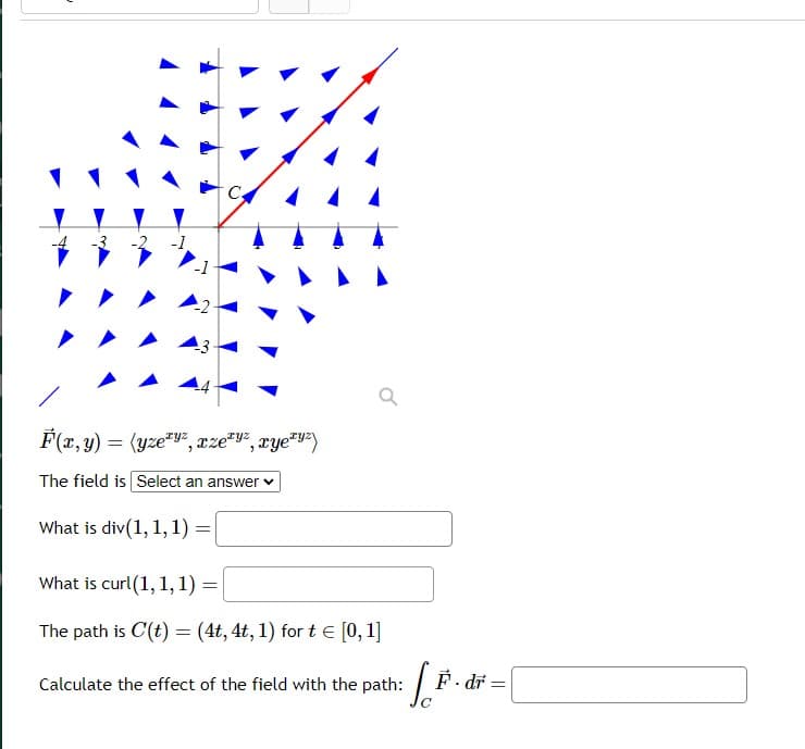 -1
N
C
F(x, y) = (yzeyz, xzе¹², xyе¹²)
The field is Select an answer ✓
What is div(1, 1, 1) =
9
What is curl (1, 1, 1) =
The path is C'(t) = (4t, 4t, 1) for t = [0, 1]
Calculate the effect of the field with the path:
[..
F.dr=
=