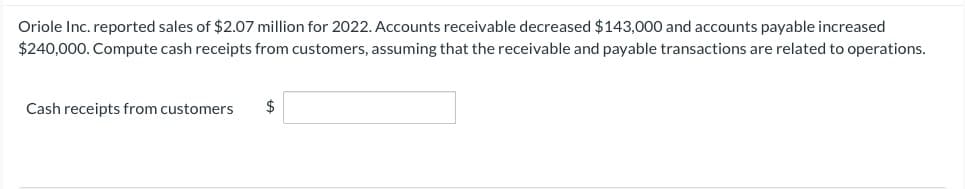 Oriole Inc. reported sales of $2.07 million for 2022. Accounts receivable decreased $143,000 and accounts payable increased
$240,000. Compute cash receipts from customers, assuming that the receivable and payable transactions are related to operations.
Cash receipts from customers
$