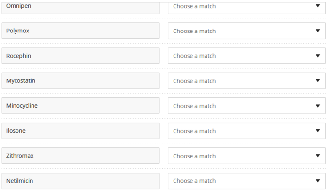 Omnipen
Polymox
Rocephin
Mycostatin
Minocycline
Ilosone
Zithromax
Netilmicin
Choose a match
Choose a match
Choose a match
Choose a match
Choose a match
Choose a match
Choose a match
Choose a match