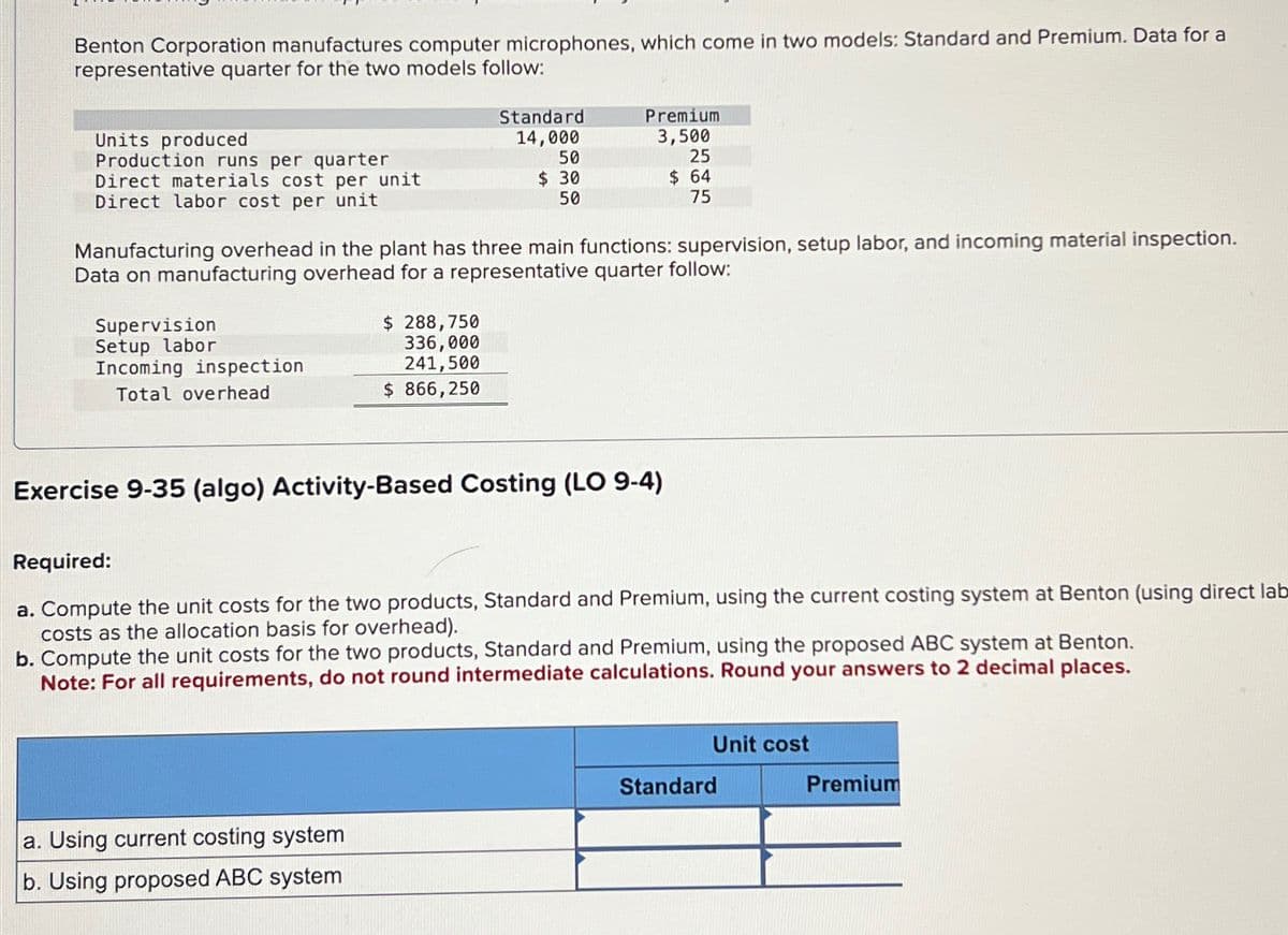 Benton Corporation manufactures computer microphones, which come in two models: Standard and Premium. Data for a
representative quarter for the two models follow:
Units produced
Production runs per quarter
Direct materials cost per unit
Direct labor cost per unit
Supervision
Setup labor
Incoming inspection
Total overhead
Manufacturing overhead in the plant has three main functions: supervision, setup labor, and incoming material inspection.
Data on manufacturing overhead for a representative quarter follow:
Standard
14,000
50
$ 30
50
$ 288,750
336,000
241,500
$ 866,250
Premium
3,500
25
$ 64
75
a. Using current costing system
b. Using proposed ABC system
Exercise 9-35 (algo) Activity-Based Costing (LO 9-4)
Required:
a. Compute the unit costs for the two products, Standard and Premium, using the current costing system at Benton (using direct lab
costs as the allocation basis for overhead).
b. Compute the unit costs for the two products, Standard and Premium, using the proposed ABC system at Benton.
Note: For all requirements, do not round intermediate calculations.
ound your answers to 2 decimal places.
Unit cost
Standard
Premium