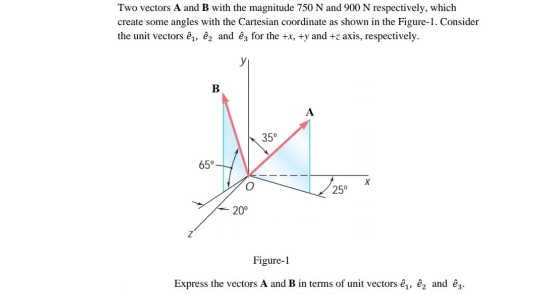 Two vectors A and B with the magnitude 750 N and 900 N respectively, which
create some angles with the Cartesian coordinate as shown in the Figure-1. Consider
the unit vectors ê, ê2 and êz for the +x, +y and +z axis, respectively.
A
35°
65°-
25°
20°
Figure-1
Express the vectors A and B in terms of unit vectors ê,, ê, and êg.
