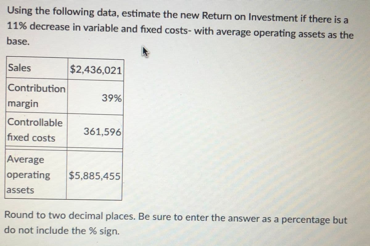 Using the following data, estimate the new Return on Investment if there is a
11% decrease in variable and fixed costs- with average operating assets as the
base.
Sales
$2,436,021
Contribution
margin
39%
Controllable
361,596
fixed costs
Average
operating
$5,885,455
assets
Round to two decimal places. Be sure to enter the answer as a percentage but
do not include the % sign.
