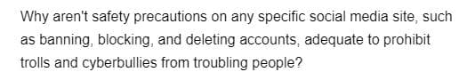 Why aren't safety precautions on any specific social media site, such
as banning, blocking, and deleting accounts, adequate to prohibit
trolls and cyberbullies from troubling people?