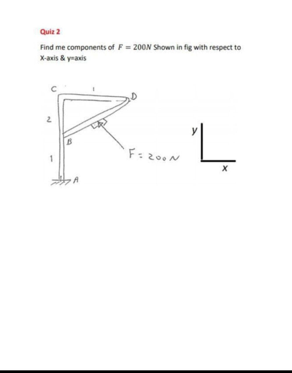 Quiz 2
Find me components of F = 200N Shown in fig with respect to
X-axis & y=axis
E: 200 N
1
