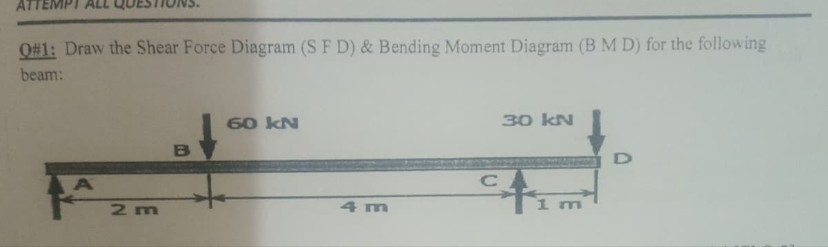 ATTEMPI ALL
Q#1: Draw the Shear Force Diagram (S F D) & Bending Moment Diagram (B M D) for the following
beam:
2 m
B
60 kN
4 m
30 kN
†
1 m
D