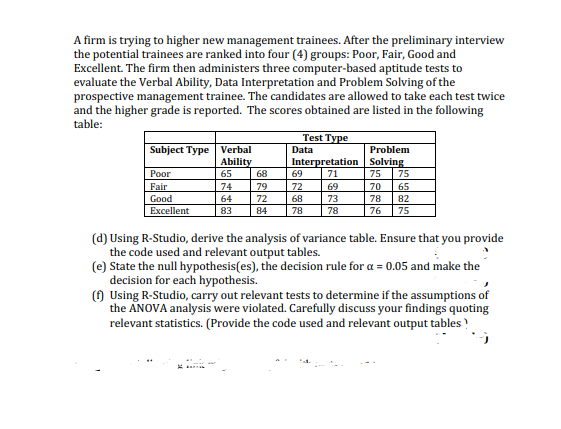 A firm is trying to higher new management trainees. After the preliminary interview
the potential trainees are ranked into four (4) groups: Poor, Fair, Good and
Excellent. The firm then administers three computer-based aptitude tests to
evaluate the Verbal Ability, Data Interpretation and Problem Solving of the
prospective management trainee. The candidates are allowed to take each test twice
and the higher grade is reported. The scores obtained are listed in the following
table:
Test Type
Subject Type Verbal
Ability
Data
Problem
Interpretation Solving
Poor
65
68
69
71
75
75
Fair
Good
Excellent
74
64
83
79
72
84
72
69
73
78
70
65
68
78
82
78
76
75
(d) Using R-Studio, derive the analysis of variance table. Ensure that you provide
the code used and relevant output tables.
(e) State the null hypothesis(es), the decision rule for a = 0.05 and make the
decision for each hypothesis.
() Using R-Studio, carry out relevant tests to determine if the assumptions of
the ANOVA analysis were violated. Carefully discuss your findings quoting
relevant statistics. (Provide the code used and relevant output tables
