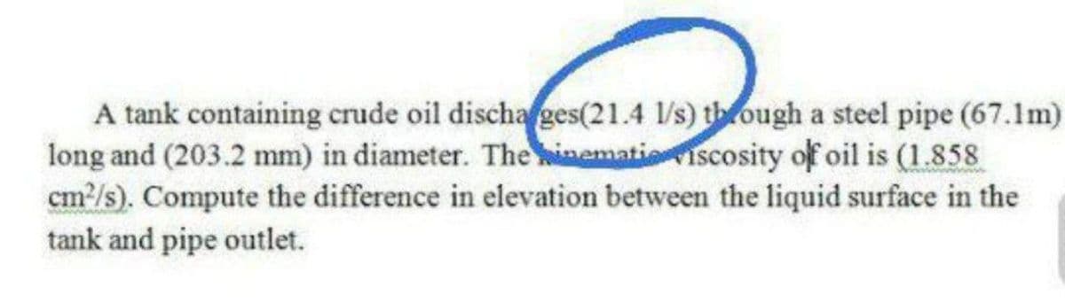 A tank containing crude oil discharges(21.4 1/s) through a steel pipe (67.1m)
long and (203.2 mm) in diameter. The inemation viscosity of oil is (1.858
cm²/s). Compute the difference in elevation between the liquid surface in the
tank and pipe outlet.