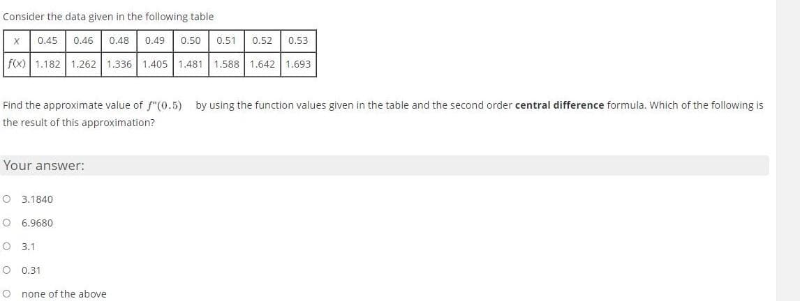 Consider the data given in the following table
0.45
0.46
0.48
0.49
0.50
0.51
0.52
0.53
f(x)| 1.182 1.262 | 1.336 1.405 | 1.481 1.588
1.642 | 1,693
Find the approximate value of f"(0.5) by using the function values given in the table and the second order central difference formula. Which of the following is
the result of this approximation?
Your answer:
O 3.1840
O 6.9680
O 3.1
O 0.31
none of the above
