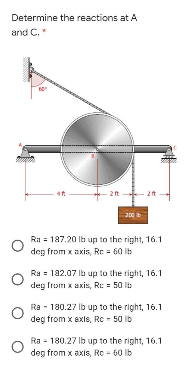 Determine the reactions at A
and C. *
60°
4 ft
2 ft
2 ft
200 lb
Ra = 187.20 Ib up to the right, 16.1
deg from x axis, Rc = 60 lb
Ra = 182.07 Ib up to the right, 16.1
deg from x axis, Rc = 50 lb
%3D
Ra = 180.27 Ib up to the right, 16.1
deg from x axis, Rc = 50 lb
%3D
Ra = 180.27 Ib up to the right, 16.1
deg from x axis, Rc = 60 lb
