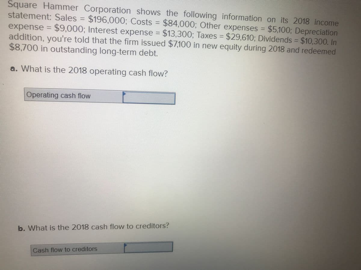 Square Hammer Corporation shows the following information on its 2018 income
statement: Sales =
$196,000; Costs = $84,000; Other expenses = $5,100; Depreciation
expense = $9,000; Interest expense = $13,300; Taxes = $29,610; Dividends = $10,300. In
addition, you're told that the firm issued $7,100 in new equity during 2018 and redeemed
$8,700 in outstanding long-term debt.
a. What is the 2018 operating cash flow?
Operating cash flow
b. What is the 2018 cash flow to creditors?
Cash flow to creditors
