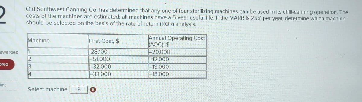 awarded
pred
Hint
Old Southwest Canning Co. has determined that any one of four sterilizing machines can be used in its chili-canning operation. The
costs of the machines are estimated; all machines have a 5-year useful life. If the MARR is 25% per year, determine which machine
should be selected on the basis of the rate of return (ROR) analysis.
Machine
2
3
Select machine
First Cost, $
-28,100
-51,000
-32,000
-33,000
Annual Operating Cost
(AOC), $
-20,000
-12,000
-19,000
18,000