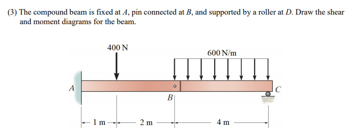 (3) The compound beam is fixed at A, pin connected at B, and supported by a roller at D. Draw the shear
and moment diagrams for the beam.
400 N
600 N/m
A
B|
4 m
- 1 m--
2 m
