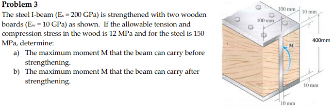 Problem 3
100 mm
10 mm
The steel I-beam (E. = 200 GPa) is strengthened with two wooden
boards (Ew = 10 GPa) as shown. If the allowable tension and
compression stress in the wood is 12 MPa and for the steel is 150
MPa, determine:
100 mm
400mm
a) The maximum moment M that the beam can carry before
strengthening.
b) The maximum moment M that the beam can carry after
strengthening.
10 mm
10 mm
