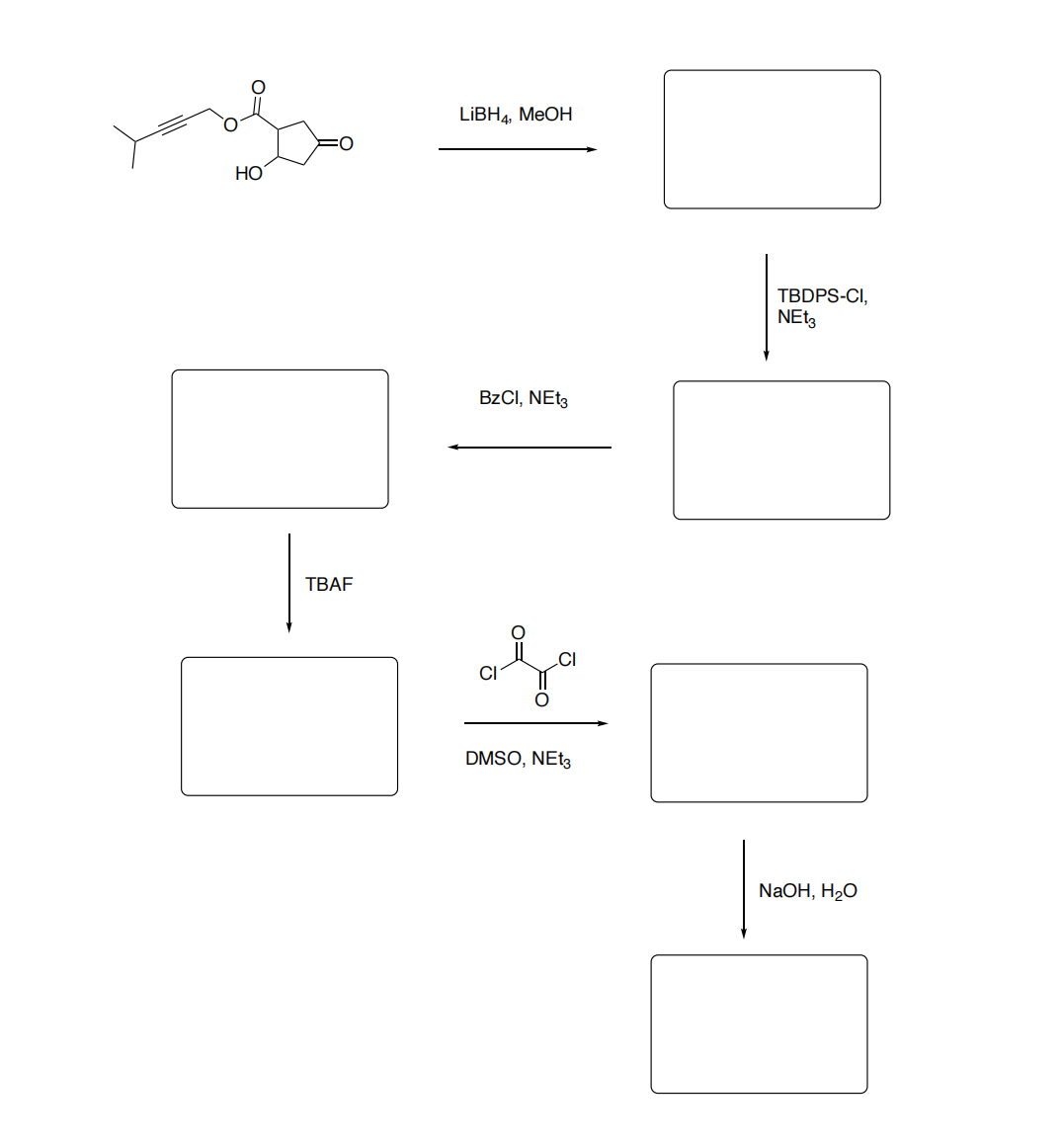 HO
LiBH4, MeOH
TBAF
BzCI, NEt3
O=
DMSO, NEt3
TBDPS-CI,
NEt3
NaOH, H₂O