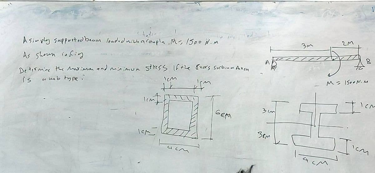 A sia ply support edbeum louded niuaroupla M, 1500 N.M
As shown infing
De termine the reatinm and minimun stress If +he Evas Srcbium Arca
is
a meb tyre .
うm
Gem
Bem
