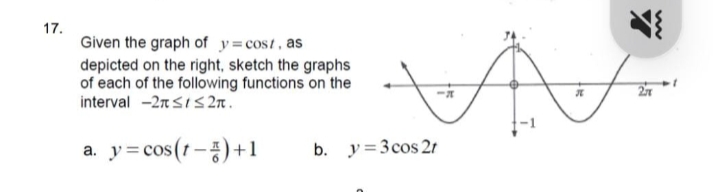 17.
Given the graph of y=cost, as
depicted on the right, sketch the graphs
of each of the following functions on the
interval -27SIS 2m .
a. y=cos(1-종) + 1
b. y = 3 cos 21
