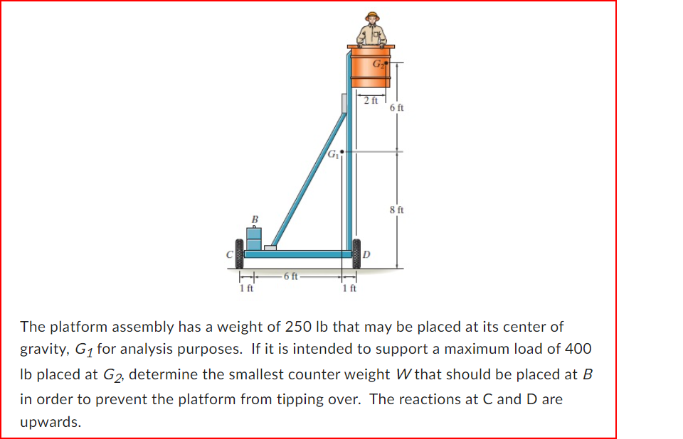 H
1 ft
-6 ft-
G₁
1 ft
G₂
2 ft
D
6 ft
8 ft
The platform assembly has a weight of 250 lb that may be placed at its center of
gravity, G₁ for analysis purposes. If it is intended to support a maximum load of 400
lb placed at G2, determine the smallest counter weight W that should be placed at B
in order to prevent the platform from tipping over. The reactions at C and D are
upwards.