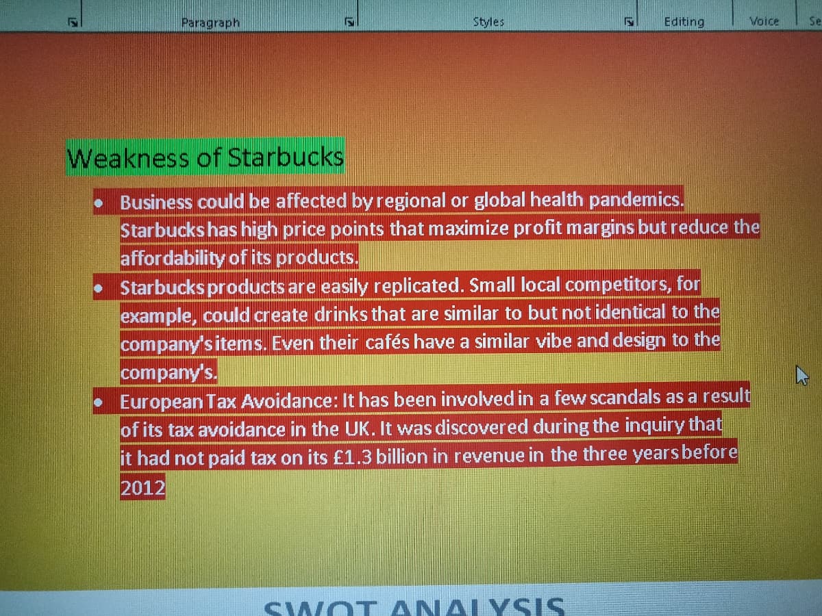 Paragraph
Styles
Editing
Voice
Se
Weakness of Starbucks
Business could be affected by regional or global health pandemics.
Starbucks has high price points that maximize profit margins but reduce the
affordability of its products.
• Starbucks products are easily replicated. Small local competitors, for
example, could create drinks that are similar to but not identical to the
company'sitems. Even their cafés have a similar vibe and design to the
company's.
• European Tax Avoidance: It has been involved in a few scandals as a result
of its tax avoidance in the UK. It was discovered during the inquiry that
it had not paid tax on its £1.3 billion in revenue in the three years before
2012
SWOT ANALYSIS
