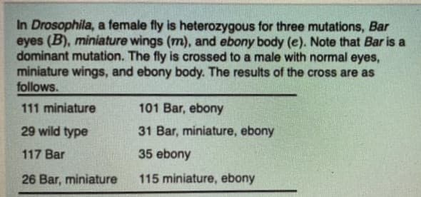 In Drosophila, a female fly is heterozygous for three mutations, Bar
eyes (B), miniature wings (m), and ebony body (e). Note that Bar is a
dominant mutation. The fly is crossed to a male with normal eyes,
miniature wings, and ebony body. The results of the cross are as
follows.
111 miniature
101 Bar, ebony
29 wild type
31 Bar, miniature, ebony
117 Bar
35 ebony
26 Bar, miniature
115 miniature, ebony
