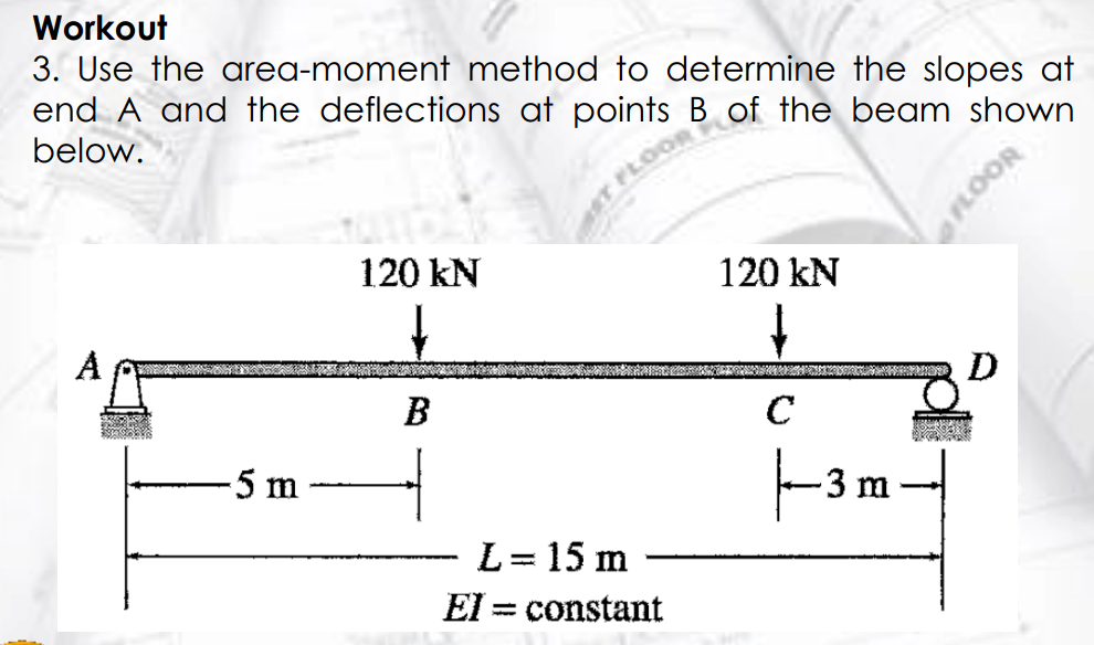 Workout
3. Use the area-moment method to determine the slopes at
end A and the deflections at points B of the beam shown
below.
A
-5 m
120 KN
↓
B
L = 15 m
El = constant
120 kN
C
|—31
-3 m -
D
FLOOR