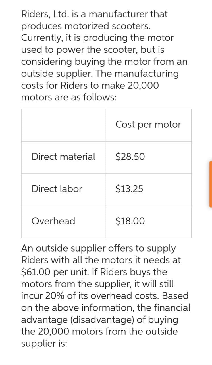 Riders, Ltd. is a manufacturer that
produces motorized scooters.
Currently, it is producing the motor
used to power the scooter, but is
considering buying the motor from an
outside supplier. The manufacturing
costs for Riders to make 20,000
motors are as follows:
Direct material
Direct labor
Overhead
Cost per motor
$28.50
$13.25
$18.00
An outside supplier offers to supply
Riders with all the motors it needs at
$61.00 per unit. If Riders buys the
motors from the supplier, it will still
incur 20% of its overhead costs. Based
on the above information, the financial
advantage (disadvantage) of buying
the 20,000 motors from the outside
supplier is: