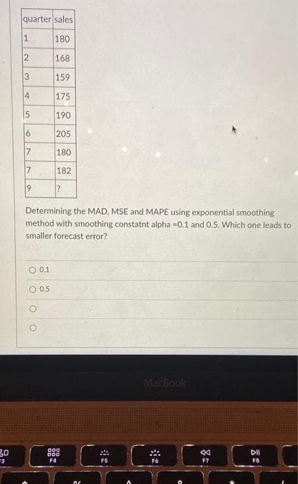 30
-3
quarter sales
180
168
159
175
1
2
3
4
5
6
7
7
9
0.1
O 0.5
O
190
Determining the MAD, MSE and MAPE using exponential smoothing
method with smoothing constatnt alpha -0.1 and 0.5. Which one leads to
smaller forecast error?
205
180
182
?
000
000
F4
F5
MacBook
44
F7
DII
FB