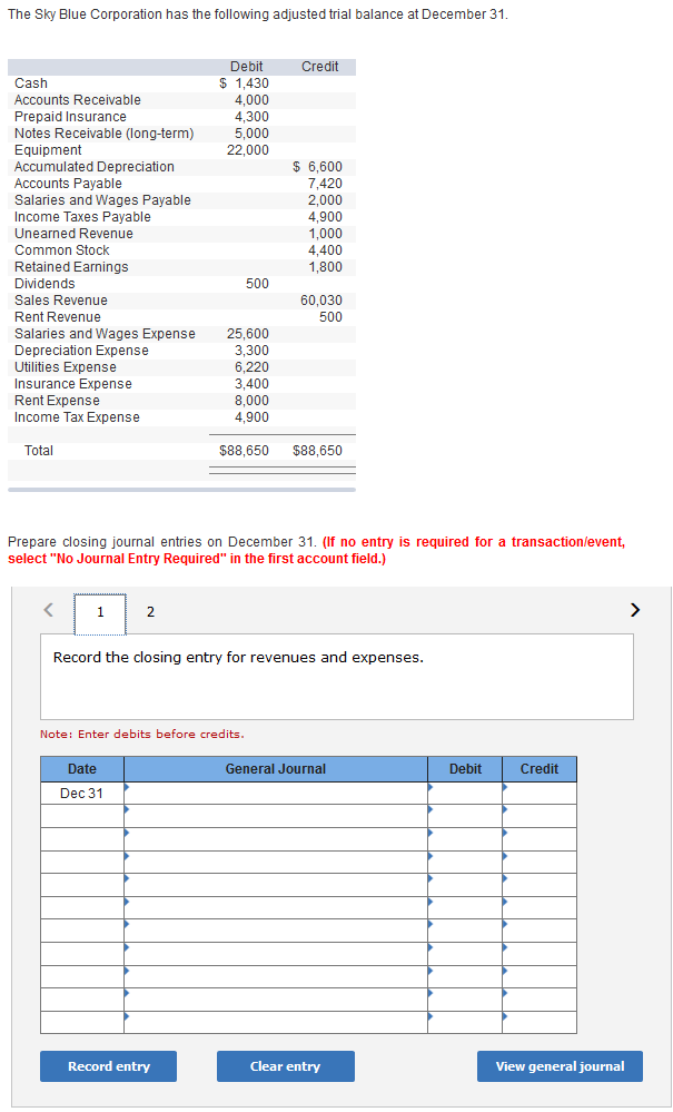 The Sky Blue Corporation has the following adjusted trial balance at December 31.
Cash
Accounts Receivable
Prepaid Insurance
Notes Receivable (long-term)
Equipment
Accumulated Depreciation
Accounts Payable
Salaries and Wages Payable
Income Taxes Payable
Unearned Revenue
Common Stock
Retained Earnings
Dividends
Sales Revenue
Rent Revenue
Salaries and Wages Expense
Depreciation Expense
Utilities Expense
Insurance Expense
Rent Expense
Income Tax Expense
Total
1
2
Debit
$ 1,430
Date
Dec 31
4,000
4,300
5,000
22,000
Record entry
500
25,600
3,300
6,220
3,400
8,000
4,900
$88,650
Note: Enter debits before credits.
Credit
Prepare closing journal entries on December 31. (If no entry is required for a transaction/event,
select "No Journal Entry Required" in the first account field.)
$ 6,600
7,420
2,000
4,900
1,000
4,400
1,800
60,030
500
Record the closing entry for revenues and expenses.
$88,650
General Journal
Clear entry
Debit
Credit
View general journal
>