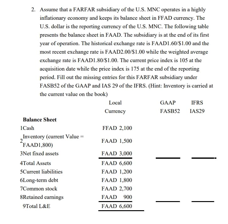 2. Assume that a FARFAR subsidiary of the U.S. MNC operates in a highly
inflationary economy and keeps its balance sheet in FFAD currency. The
U.S. dollar is the reporting currency of the U.S. MNC. The following table
presents the balance sheet in FAAD. The subsidiary is at the end of its first
year of operation. The historical exchange rate is FAAD1.60/$1.00 and the
most recent exchange rate is FAAD2.00/$1.00 while the weighted average
exchange rate is FAAD1.80/$1.00. The current price index is 105 at the
acquisition date while the price index is 175 at the end of the reporting
period. Fill out the missing entries for this FARFAR subsidiary under
FASB52 of the GAAP and IAS 29 of the IFRS. (Hint: Inventory is carried at
the current value on the book)
Balance Sheet
1Cash
Inventory (current Value =
FAAD1,800)
3Net fixed assets
2
4Total Assets
5Current liabilities
6Long-term debt
7Common stock
8Retained earnings
9Total L&E
Local
Currency
FFAD 2,100
FAAD 1,500
FAAD 3,000
FAAD 6,600
FAAD 1,200
FAAD 1,800
FAAD 2,700
FAAD 900
FAAD 6,600
GAAP
IFRS
FASB52 IAS29